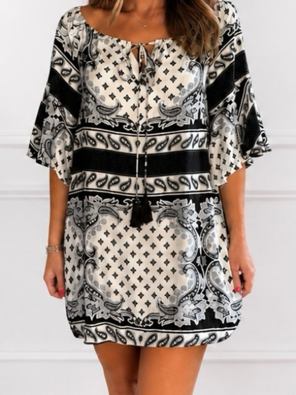 Jealous Tomato Black & White Paisley Tie-Front Mini Dress | SIZE SMALL
